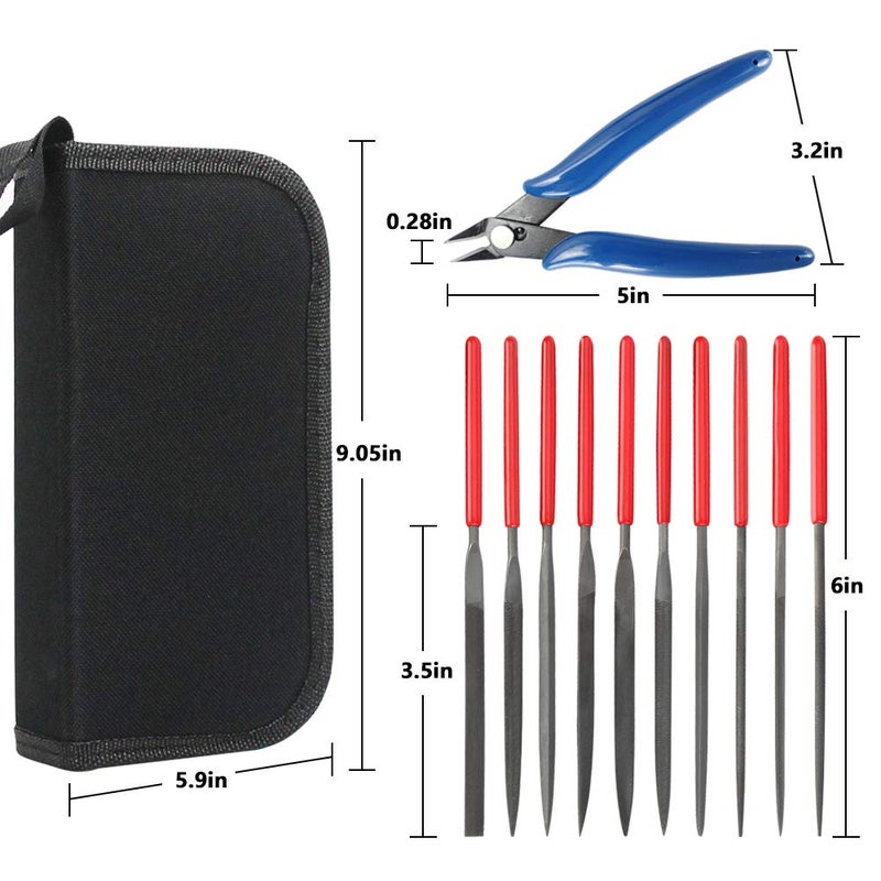 KALIM Needle File Set (10Pcs High Carbon Steel Files) and 1 Wire Cutter in A Carry Bag, File Tools for Soft Metal, Wood, Jewelry, Model, DIY, Hobby, etc. - Image 2